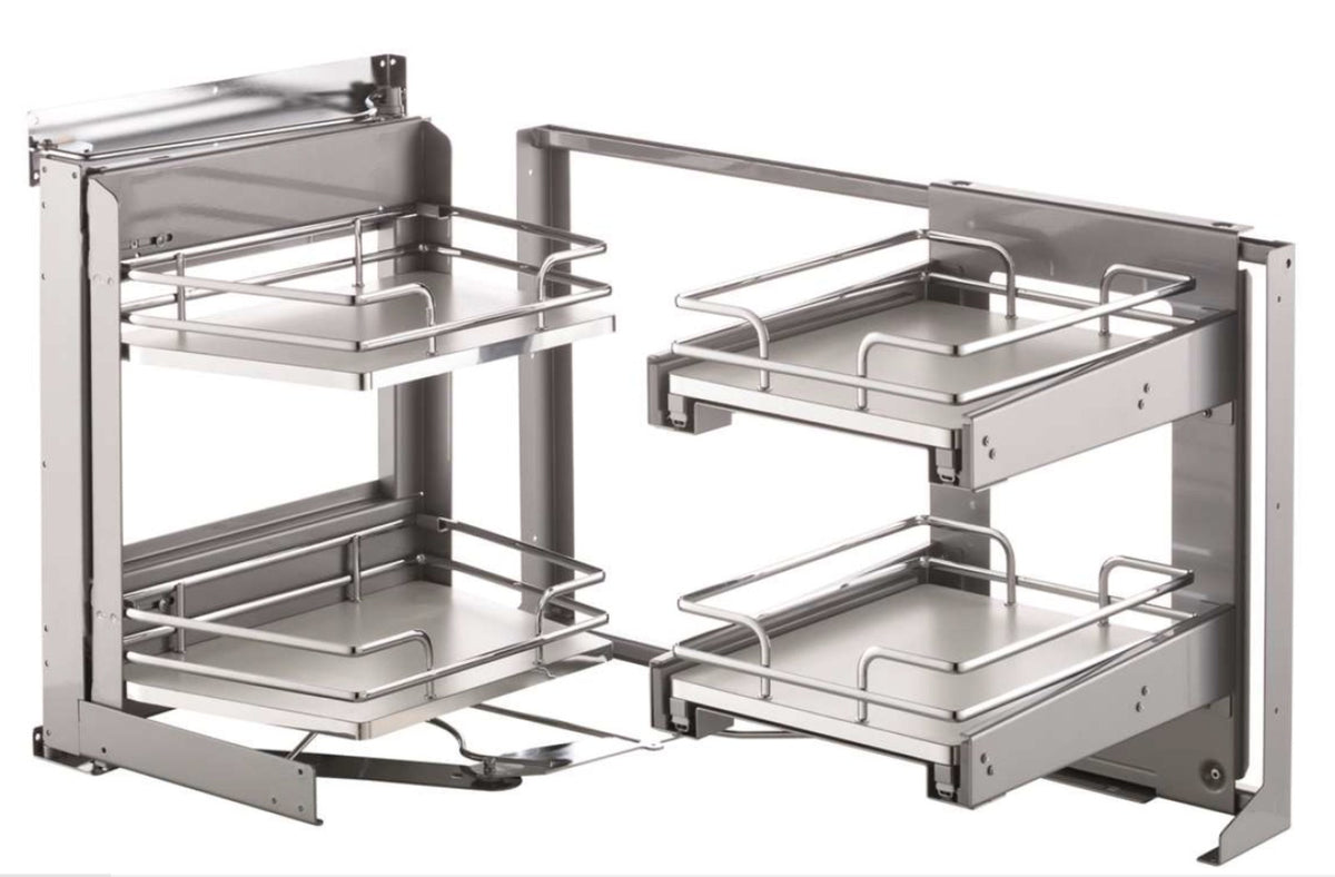 VIBO Galaxy Smart Corner pull-out corner unit, chrome plated, baskets fully extended | VIBO Galaxy Smart Corner 地櫃轉角聯動拉籃套裝