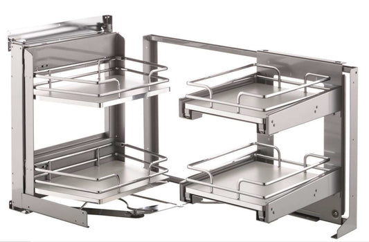 VIBO Galaxy Smart Corner pull-out corner unit, chrome plated, baskets fully extended | VIBO Galaxy Smart Corner 地櫃轉角聯動拉籃套裝