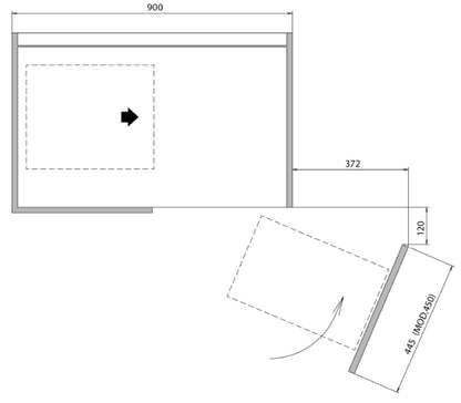 Door swing clearance plan for a 900 mm corner cabinet with 450 mm door panel | 900 mm 轉角櫃配 450 mm 門板開門空間平面圖