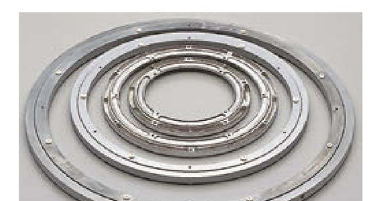 The four sizes of 360° ball bearing aluminium table swivel nested together | 四個尺寸的 360° 滾珠鋁質轉盤重疊展示