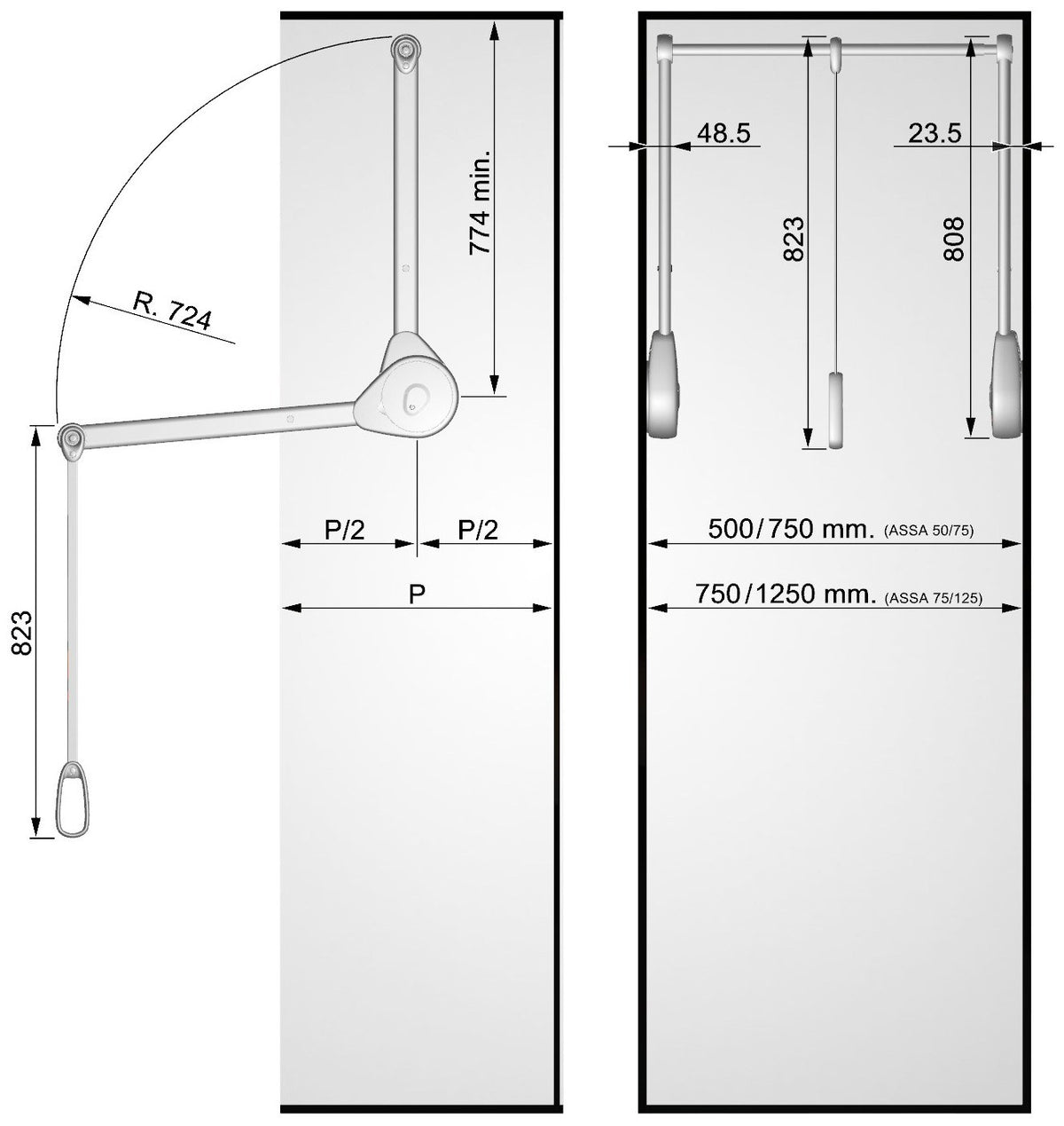 Dimensioned drawing showing both width ranges, 500–750 mm and 750–1250 mm | 尺寸圖，顯示 500–750 mm 及 750–1250 mm 兩個適用範圍