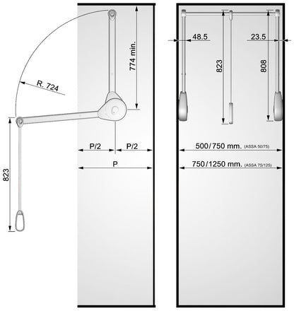 Dimensioned drawing showing both width ranges, 500–750 mm and 750–1250 mm | 尺寸圖，顯示 500–750 mm 及 750–1250 mm 兩個適用範圍