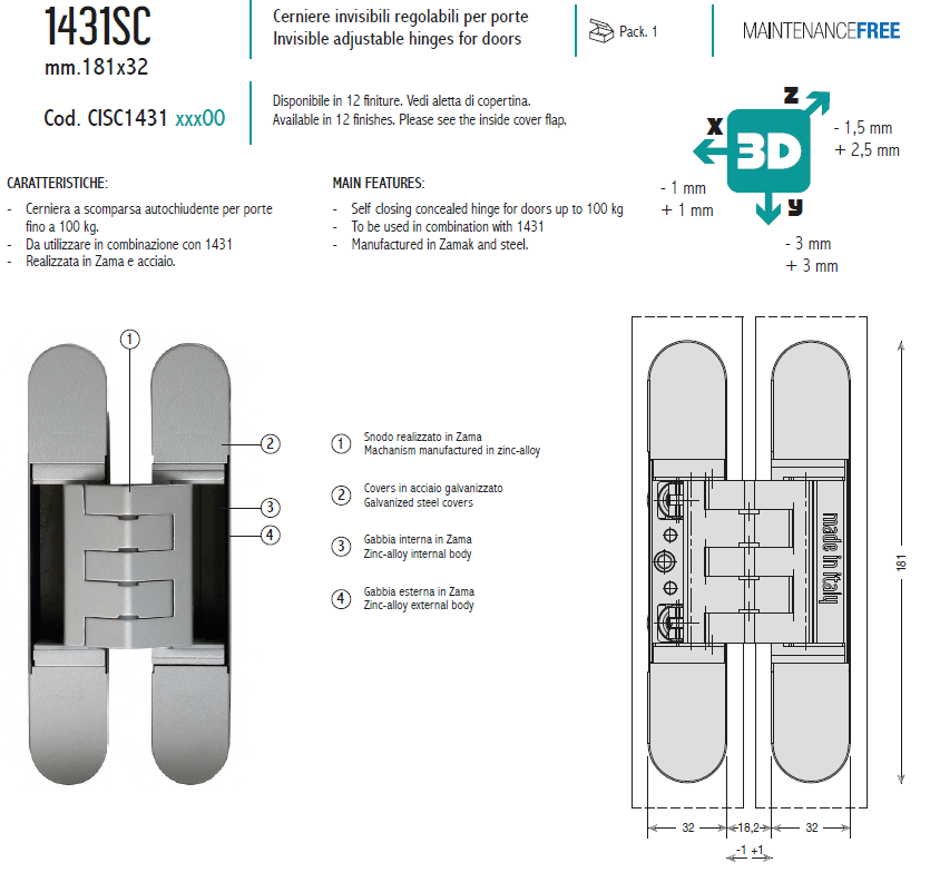 CEAM 1431SC Self-Closing 3D Adjustable Concealed Door Hinge | 自動閉門三維可調式隱藏鉸鏈